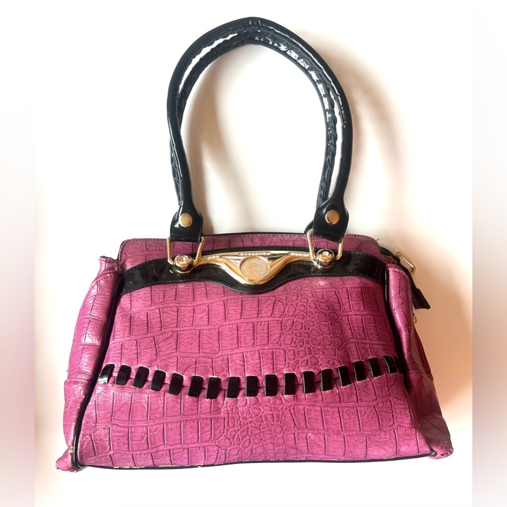 Vintage Arcadia Pink and Black Croc-Embossed Shoulder Bag Designer purple large
